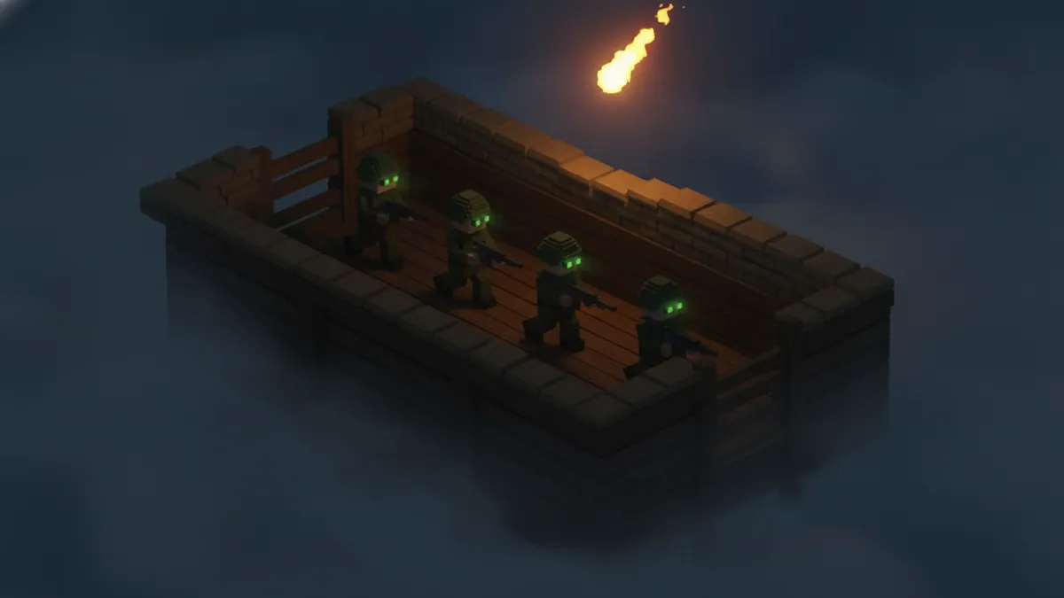 A squad moves along the trench at night under a flare