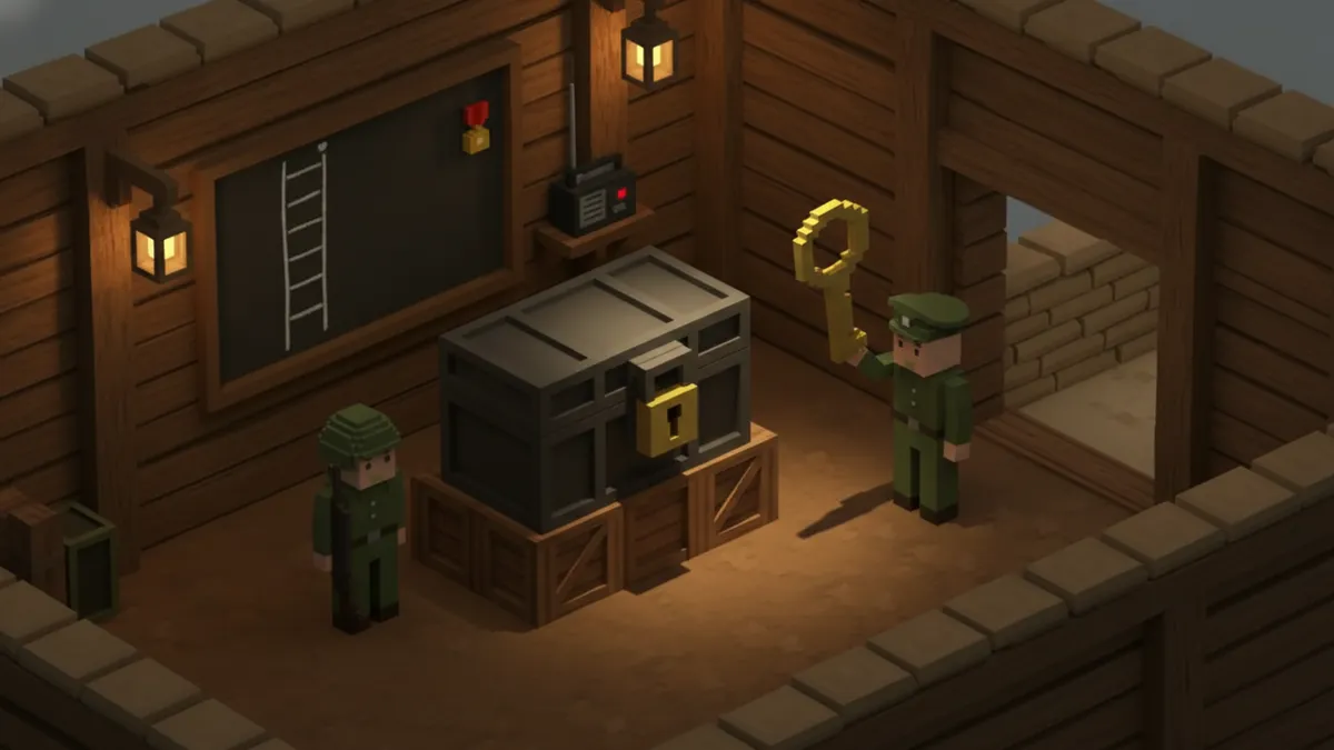 A soldier guards a padlocked strongbox while the officer holds the only key